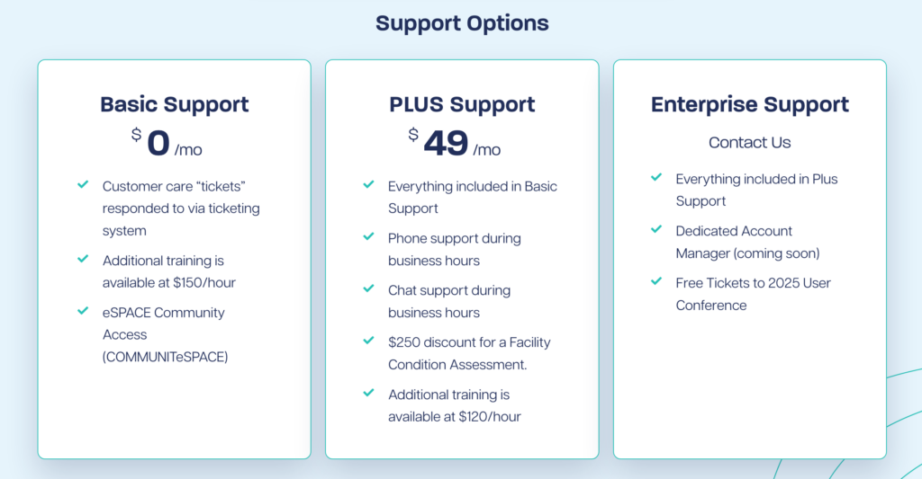 an image of the 3 different espace customer support options: Basic support, Plus support and enterprise support